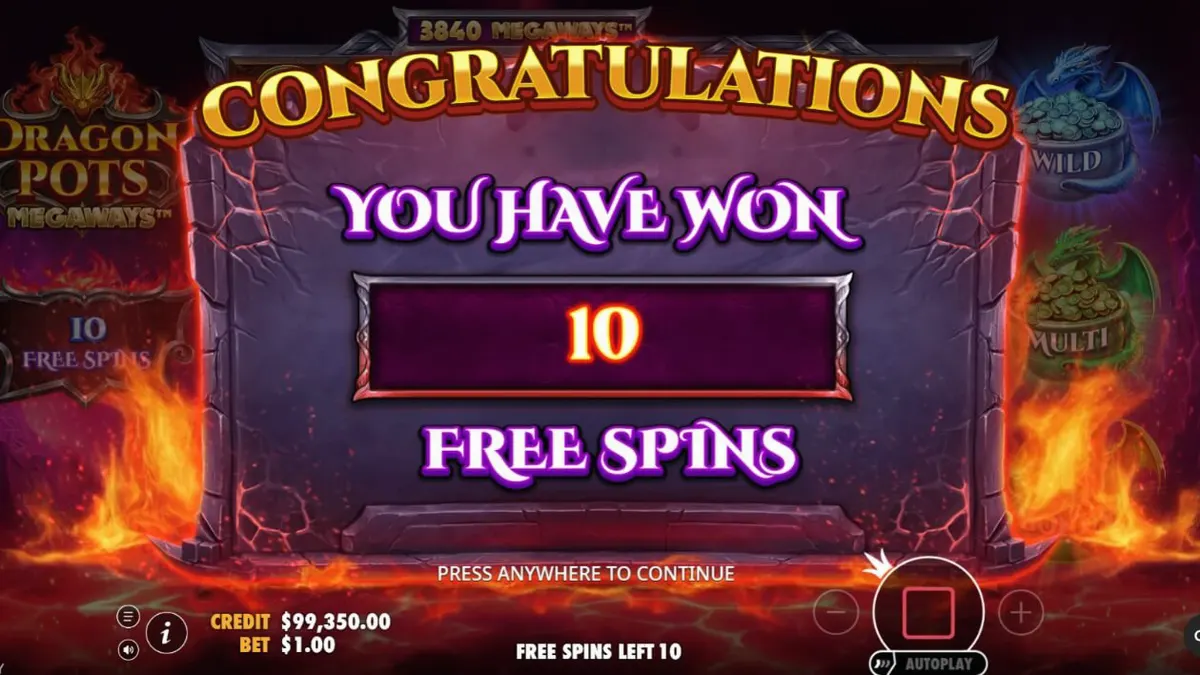 Tampilan layar permainan slot Dragon Pots Megaways dengan naga dan kuali ajaib