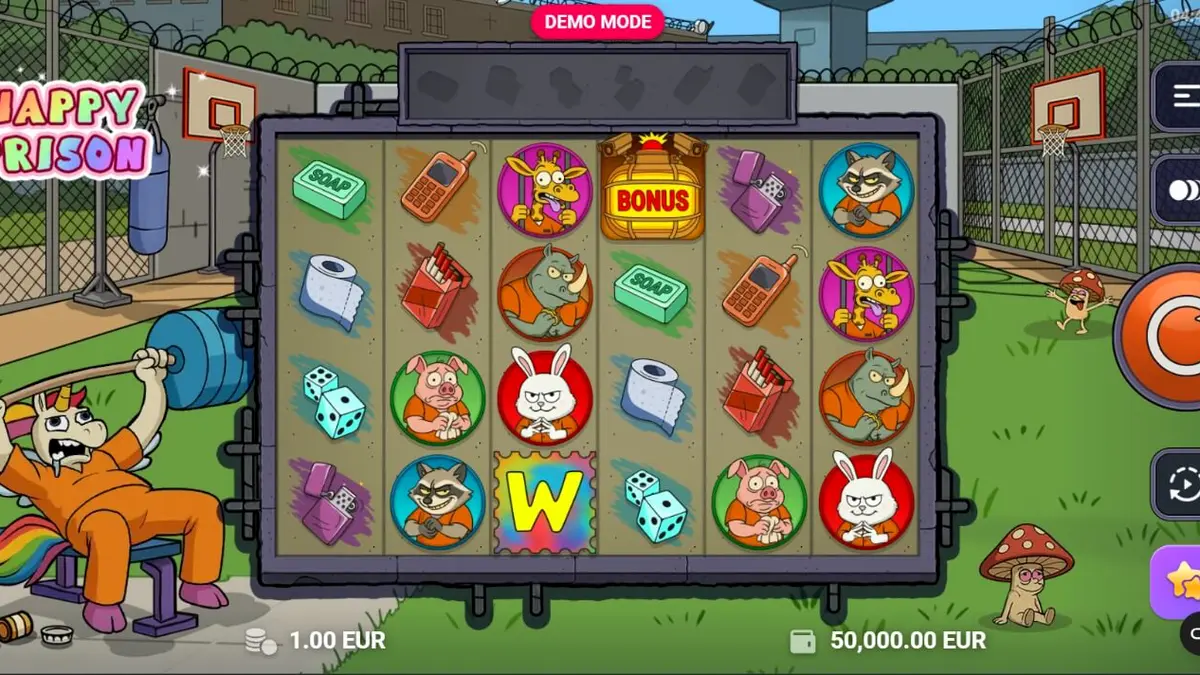 Tampilan visual slot Happy Prison dengan tema penjara kartun yang unik